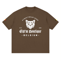 T-shirt oversized logo chat félin en marron foncé, imprimé blanc CHT'M Belgium, vue de face