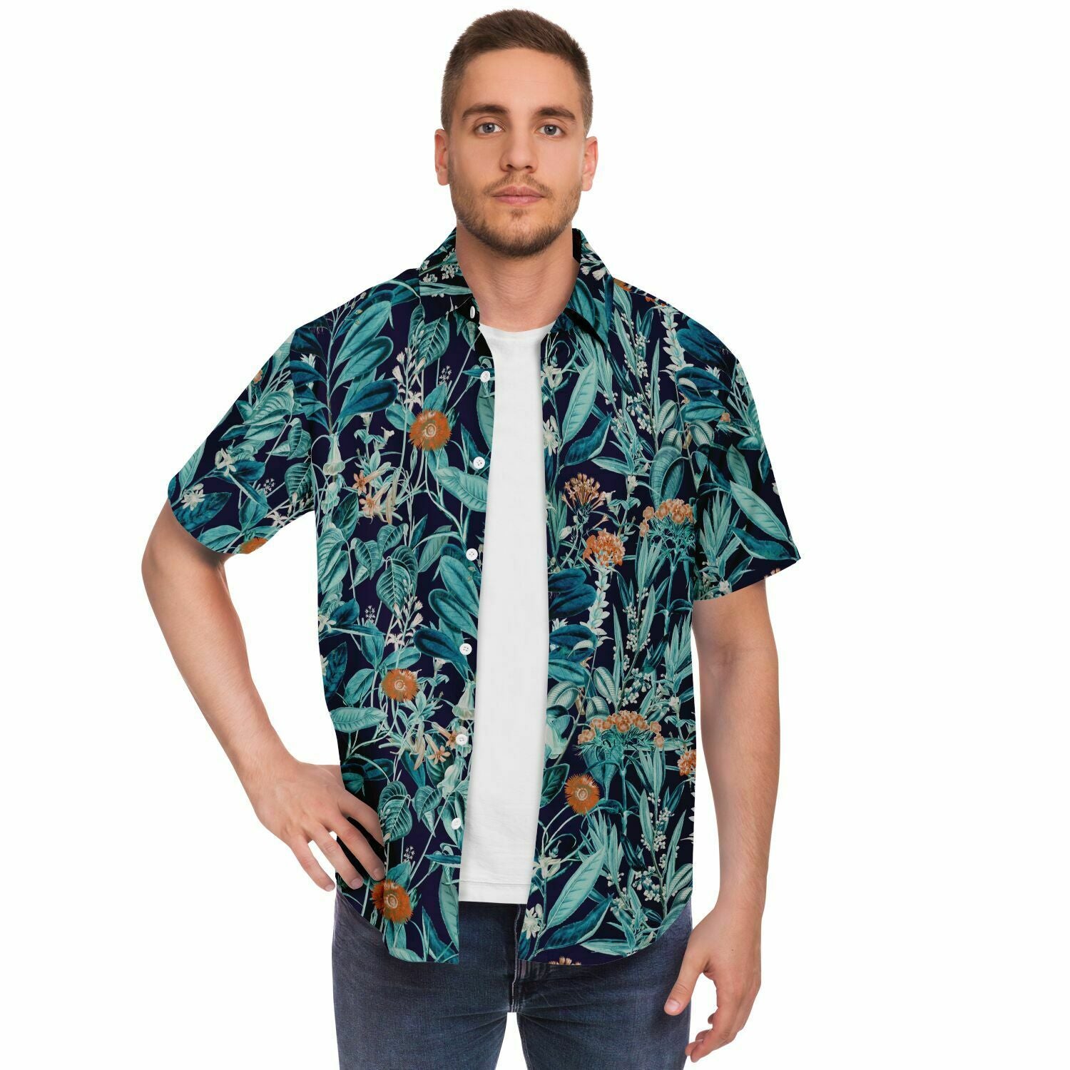 Chemise homme manches courtes jungle bleu canard, portée ouverte, vue de face