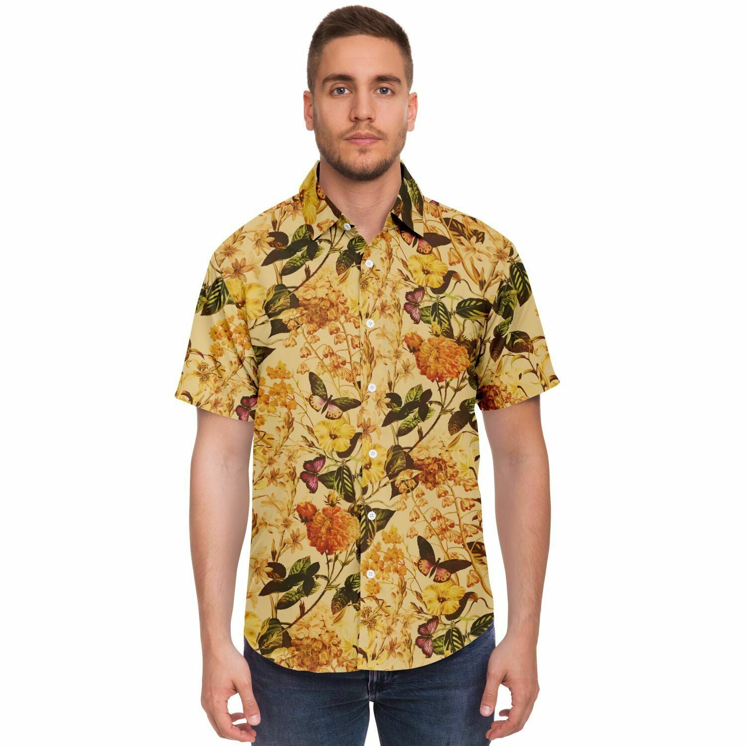 Chemise homme manches courtes ocre à fleurs jaunes, portée, vue de face
