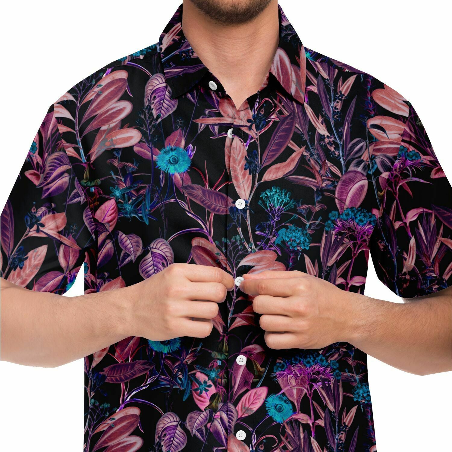 Chemise homme manches courtes noire à feuillage rose, gros plan sur l'imprimé