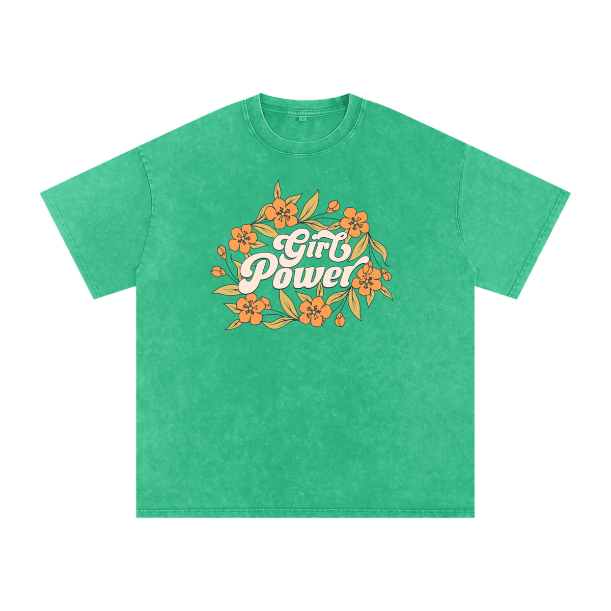 T-shirt femme oversized Girl Power en vert prairie - bouquet floral rétro et lettrage arrondi