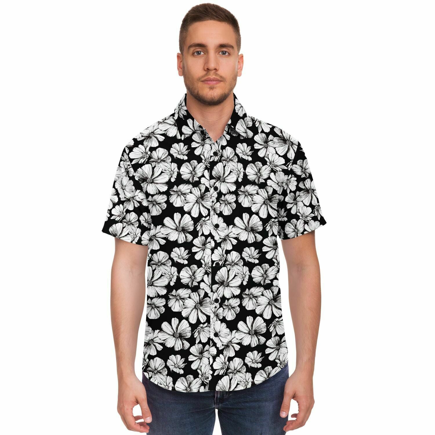 Chemise homme manches courtes noir et blanc à grandes fleurs, portée, vue de face