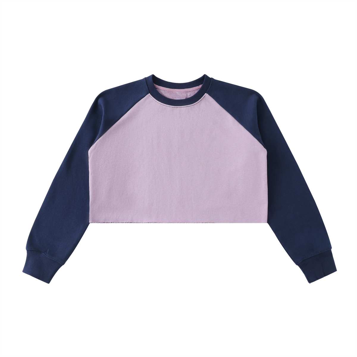 Sweat crop top femme raglan bicolore lilas, vue de face