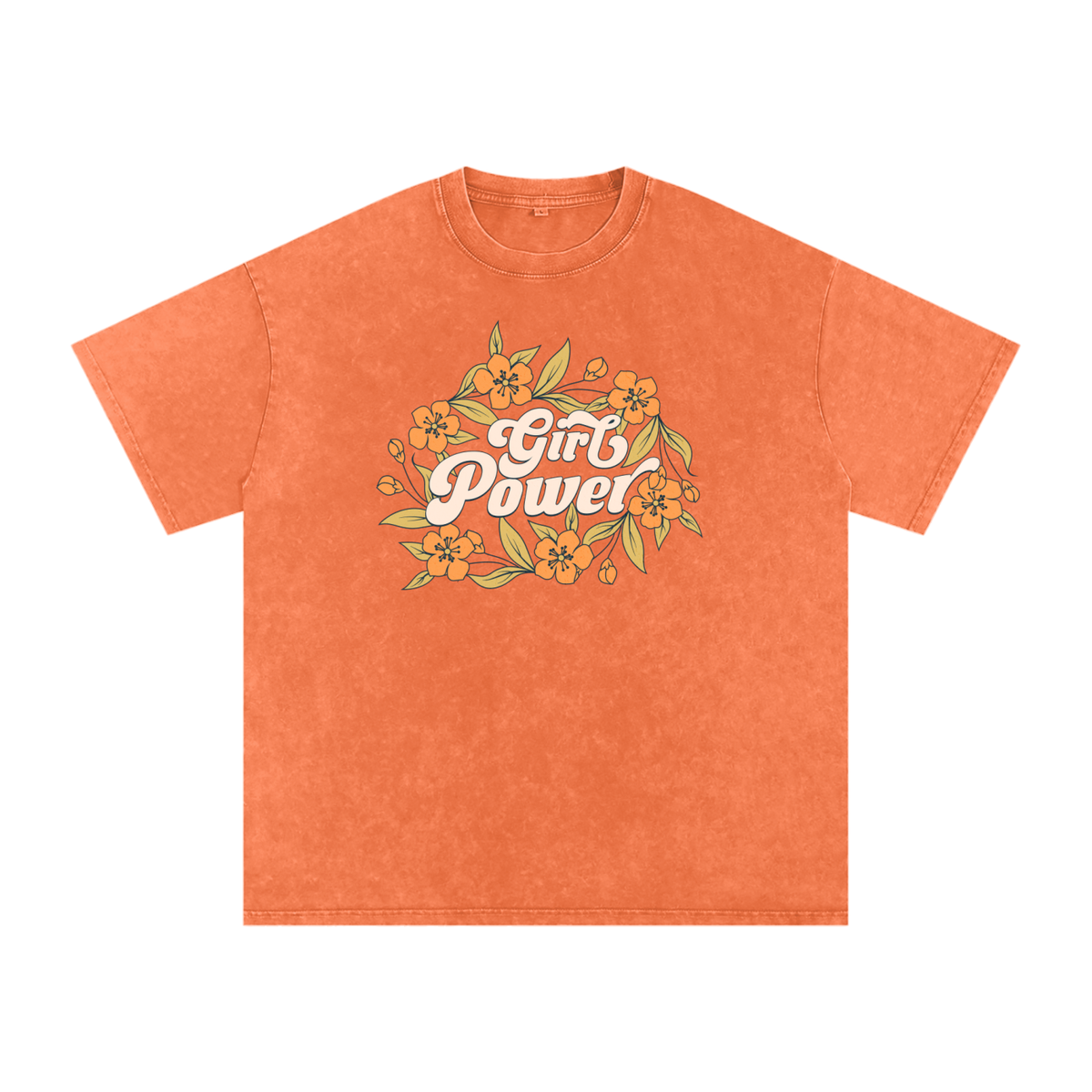 T-shirt femme oversized Girl Power en orange - imprimé floral crème et vert sur coton snow wash
