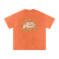 T-shirt femme oversized Girl Power en orange - imprimé floral crème et vert sur coton snow wash