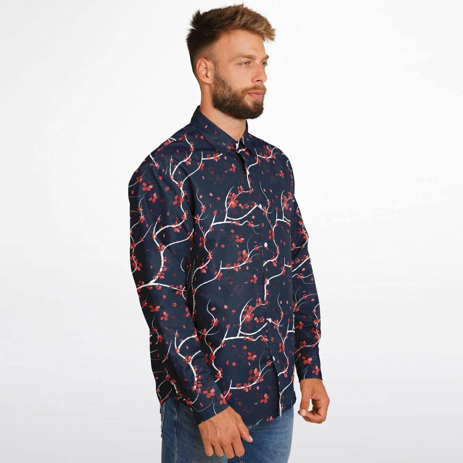 Chemise Homme bleu marine à motifs japonais - Manches Longues