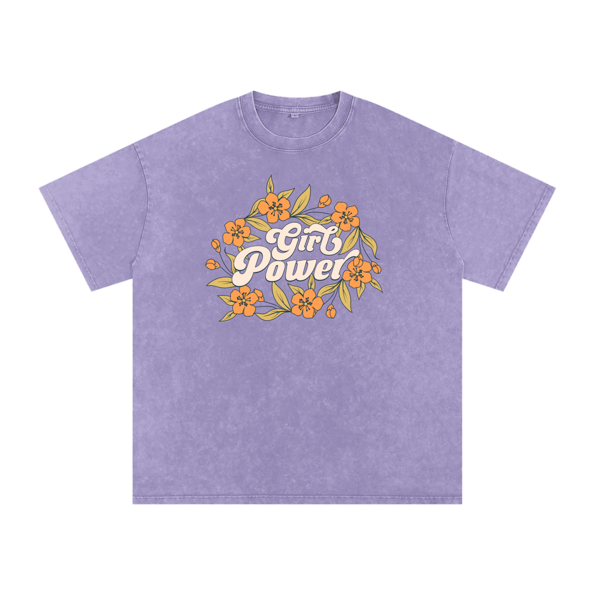 T-shirt femme oversized Girl Power en lavande - script Girl Power et couronne de fleurs orange