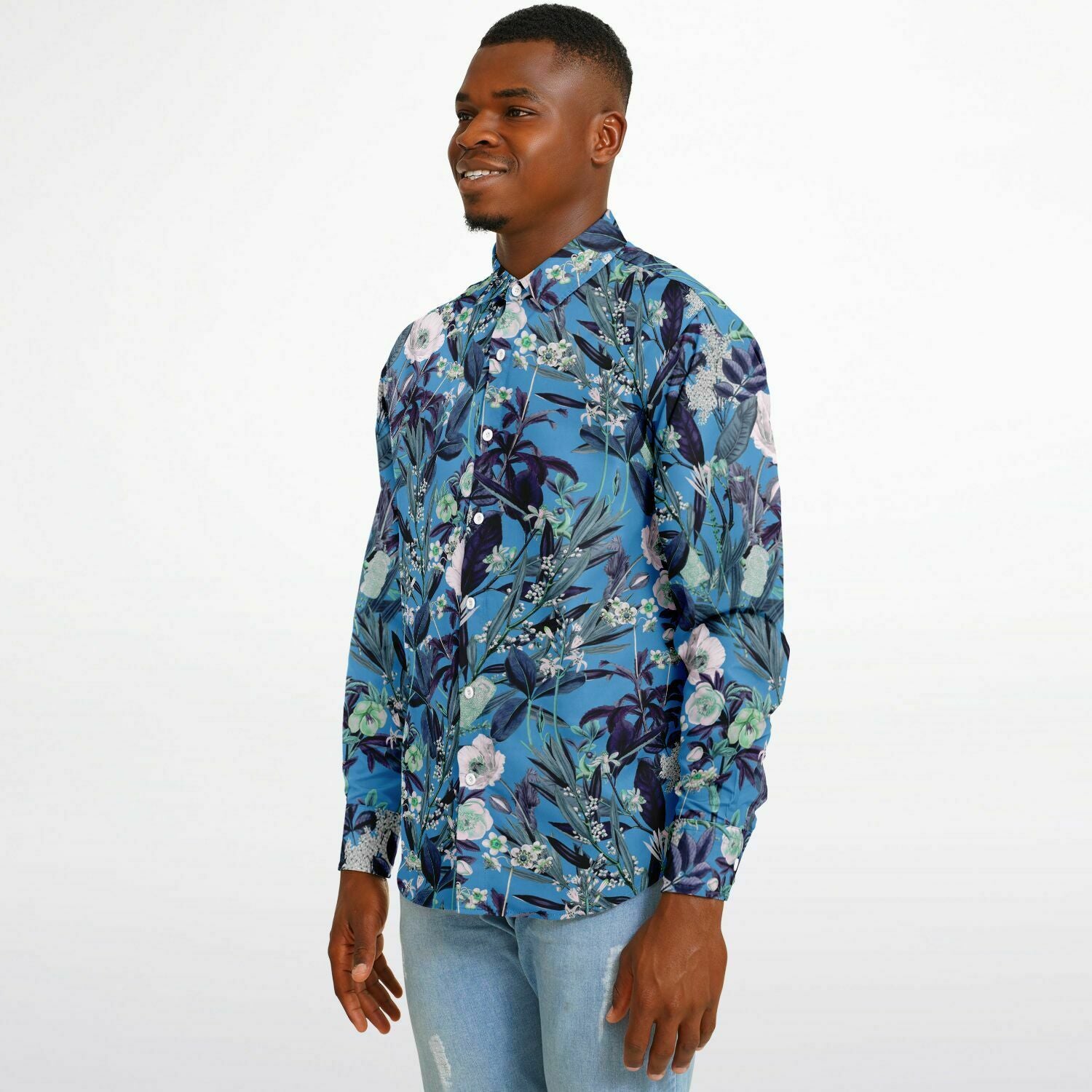 chemise bleue originale avec motifs floraux