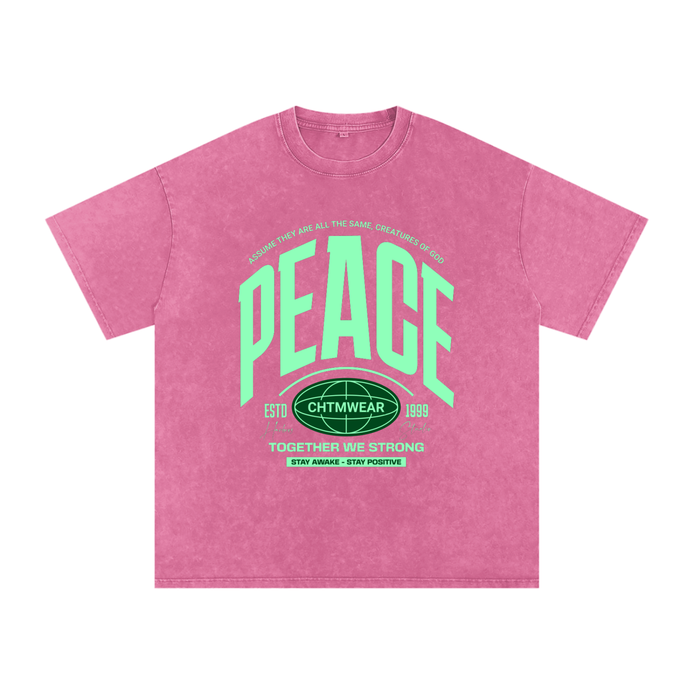 T-shirt oversized PEACE en rose délavé - imprimé varsity vert et mention Stay Awake Stay Positive