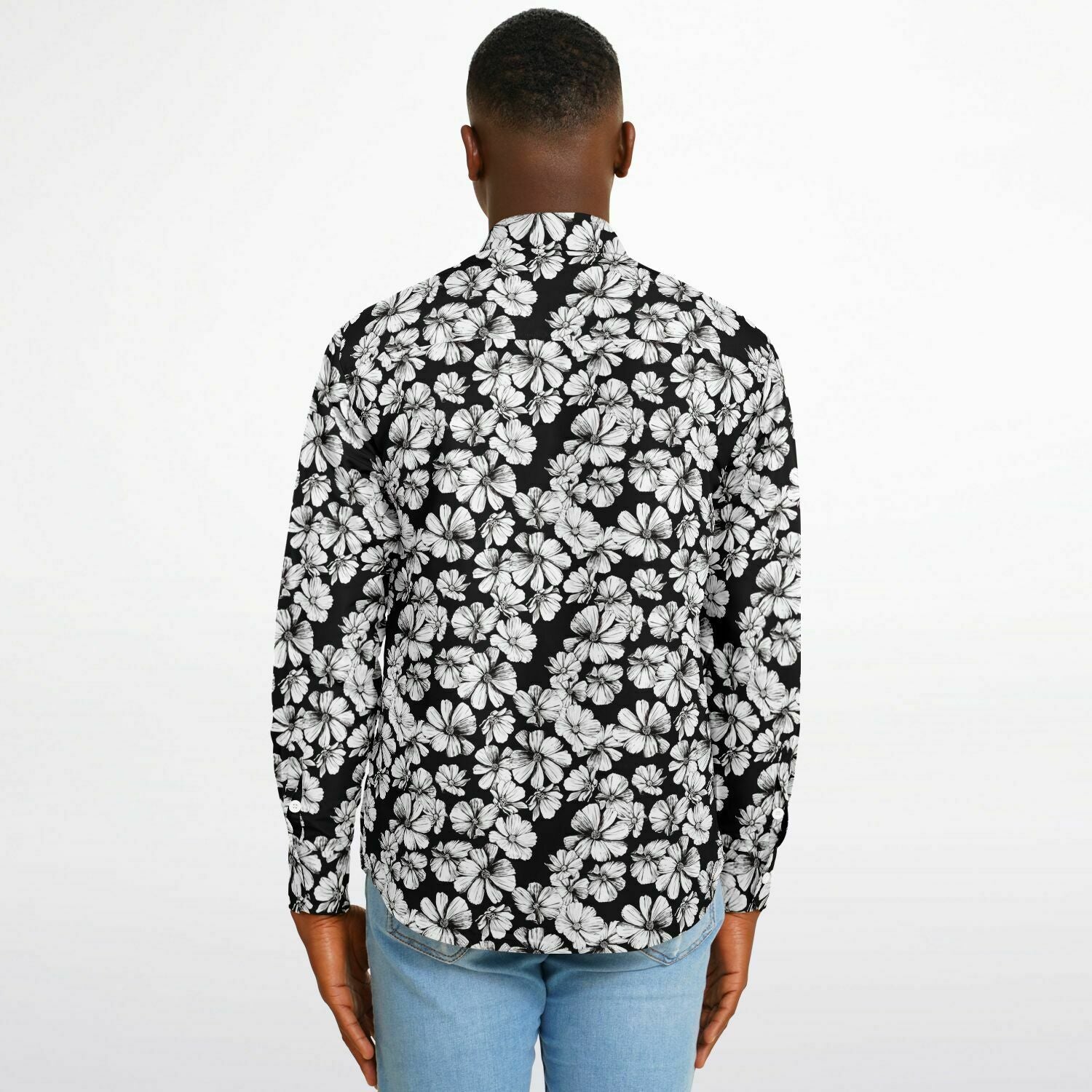 chemise homme fashion fleurs blanches sur noir