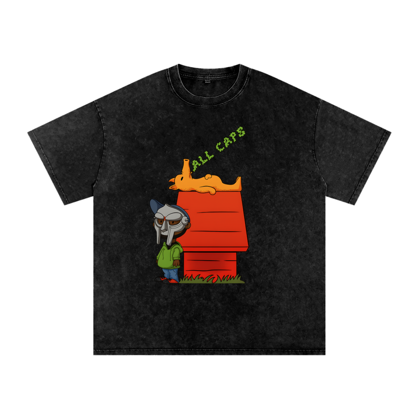 T-shirt oversized hommage MF DOOM en noir snow wash - personnage masqué et chien orange sur la niche