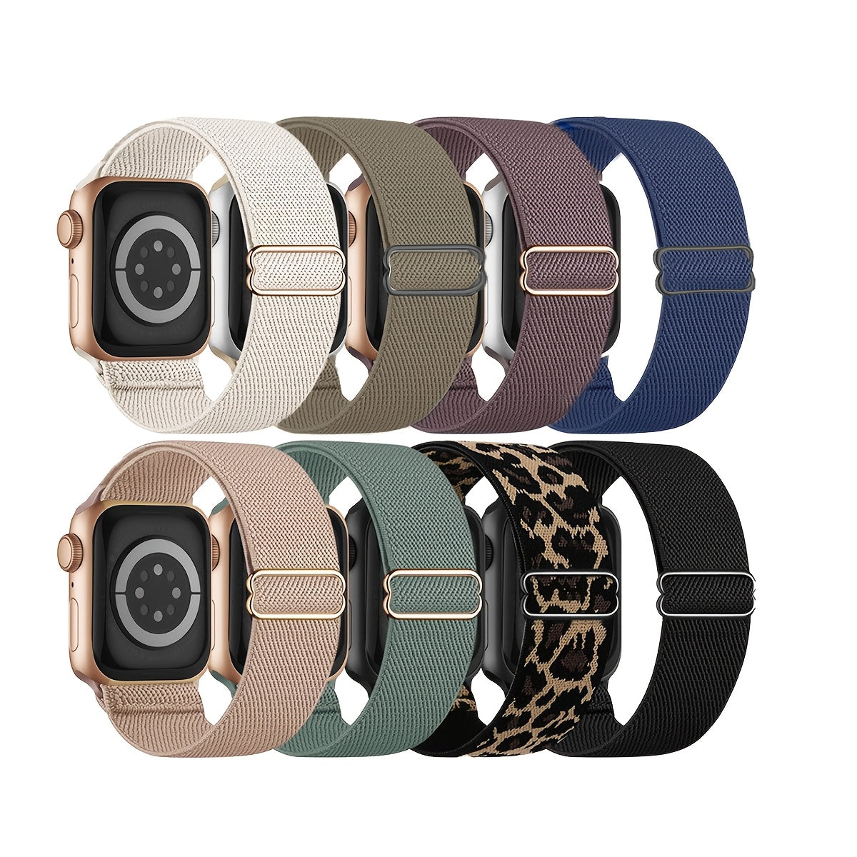 Lot de 8 bracelets Apple Watch élastiques en nylon, coloris lot neutres et léopard