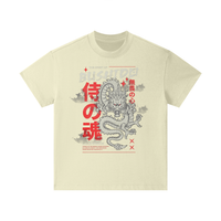 T-shirt oversized enfant Bushido en beige clair - imprimé dragon japonais et kanji rouges