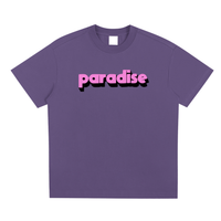 T-shirt oversized paradise en violet brume - lettrage rose bonbon ombré de noir sur le torse