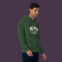 Pull belge original vert bouteille porté par un homme, vue de profil – coupe raglan unisexe