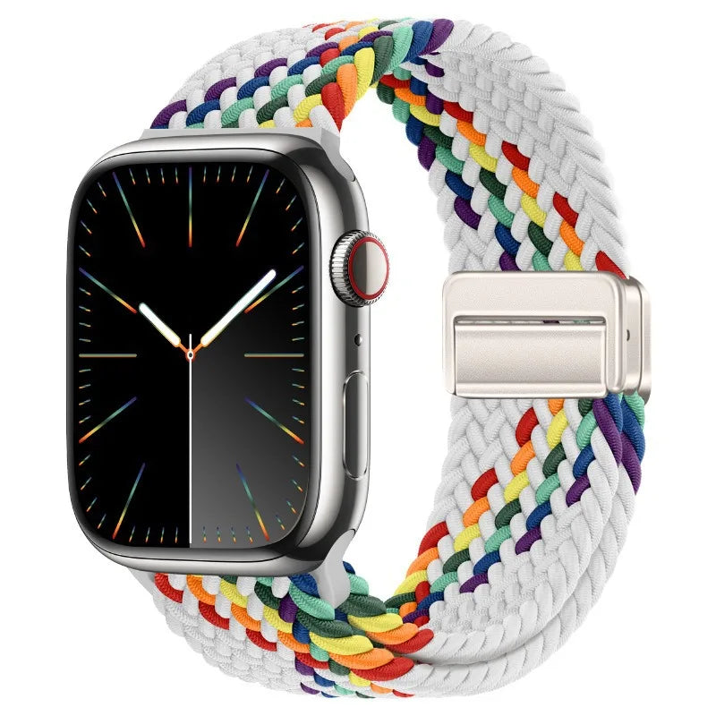 Bracelet Apple Watch en nylon tressé à fermoir magnétique, coloris blanc arc-en-ciel