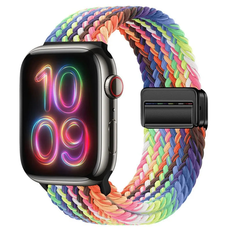 Bracelet Apple Watch en nylon tressé à fermoir magnétique, coloris arc-en-ciel radieux