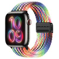 Bracelet Apple Watch en nylon tressé à fermoir magnétique, coloris arc-en-ciel radieux