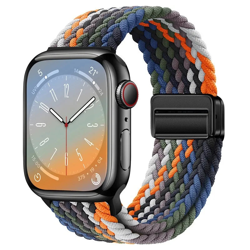 Bracelet Apple Watch en nylon tressé à fermoir magnétique, coloris arc-en-ciel cowboy