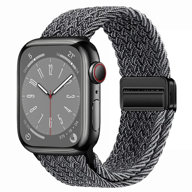 Bracelet Apple Watch en nylon tressé à fermoir magnétique, coloris gris chiné
