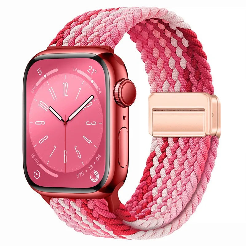 Bracelet Apple Watch en nylon tressé à fermoir magnétique, coloris fraise