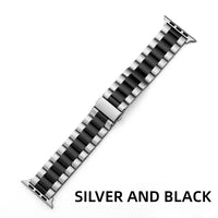 Bracelet Apple Watch à maillons en acier inoxydable, coloris argent et noir