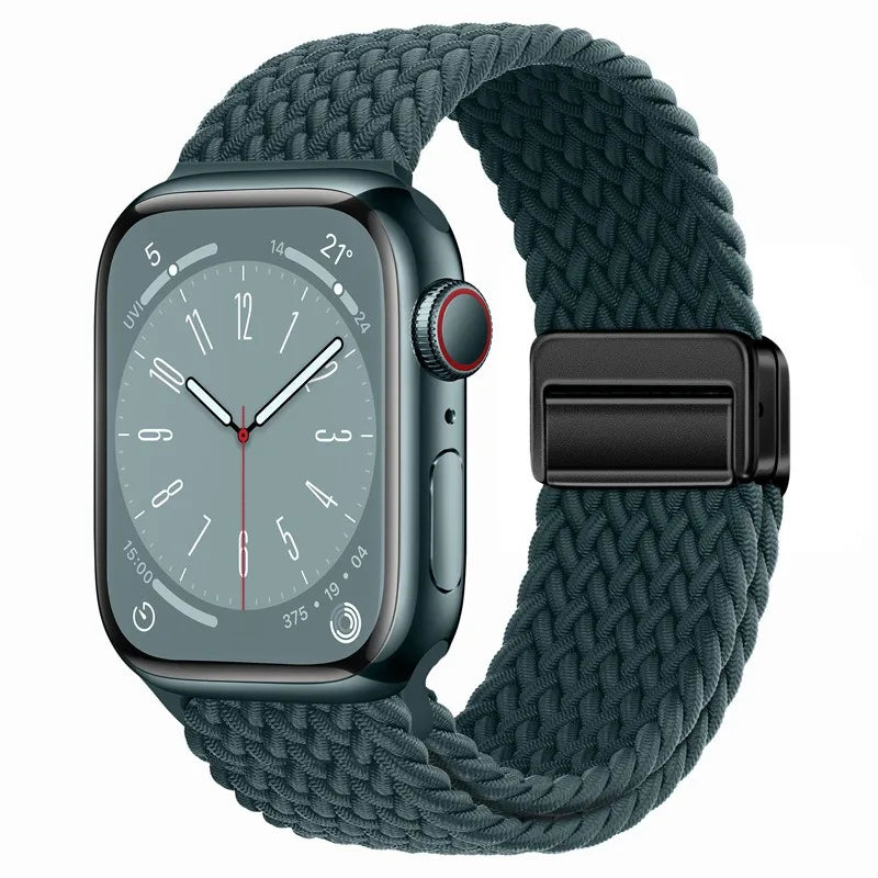 Bracelet Apple Watch en nylon tressé à fermoir magnétique, coloris vert forêt