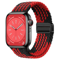 Bracelet Apple Watch en nylon tressé à fermoir magnétique, coloris noir et rouge