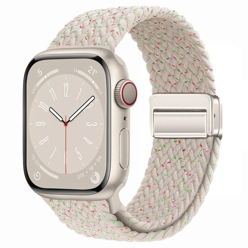 Bracelet Apple Watch en nylon tressé à fermoir magnétique, coloris lumière stellaire moucheté