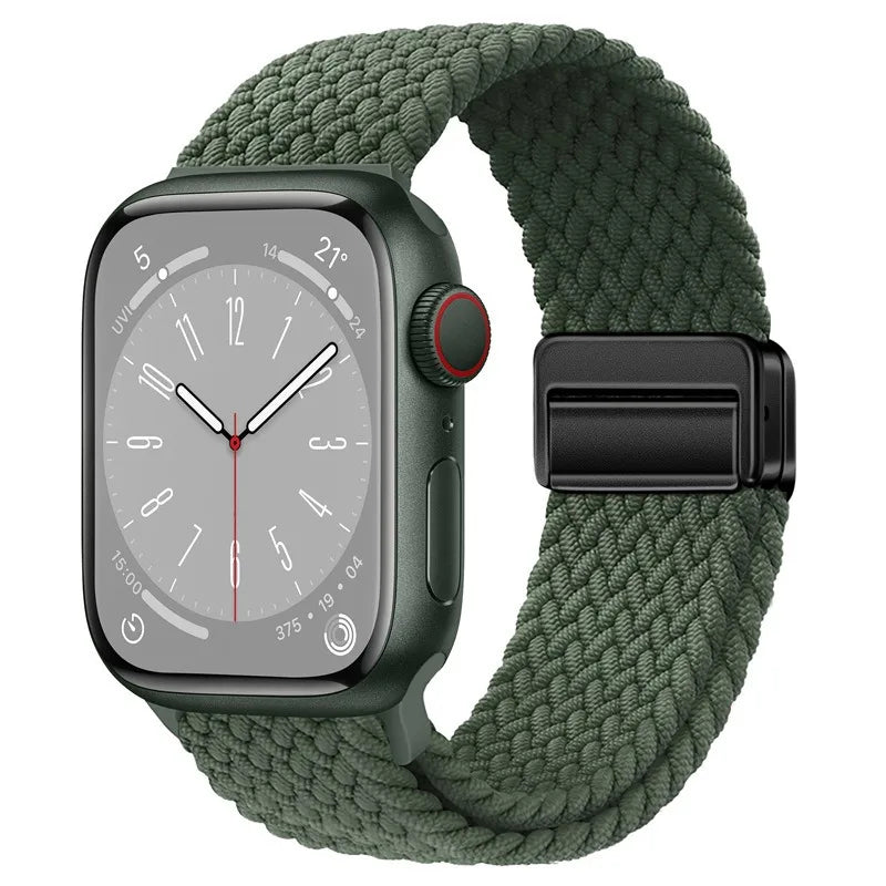 Bracelet Apple Watch en nylon tressé à fermoir magnétique, coloris vert olive