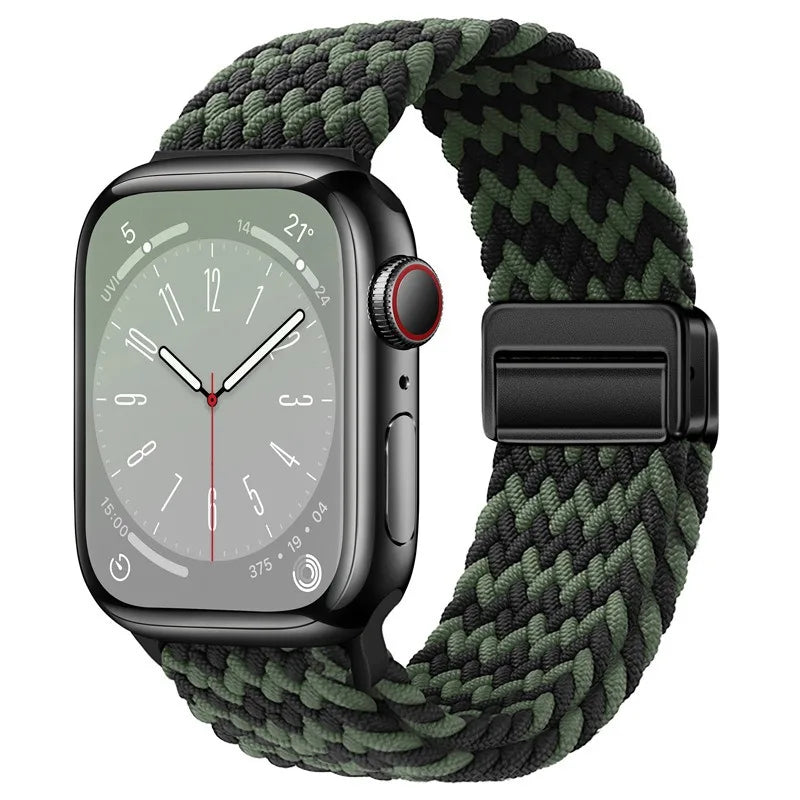 Bracelet Apple Watch en nylon tressé à fermoir magnétique, coloris noir et vert