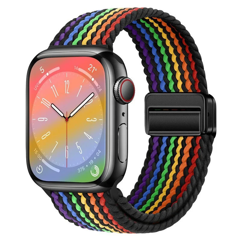 Bracelet Apple Watch en nylon tressé à fermoir magnétique, coloris arc-en-ciel bord noir