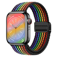 Bracelet Apple Watch en nylon tressé à fermoir magnétique, coloris arc-en-ciel bord noir