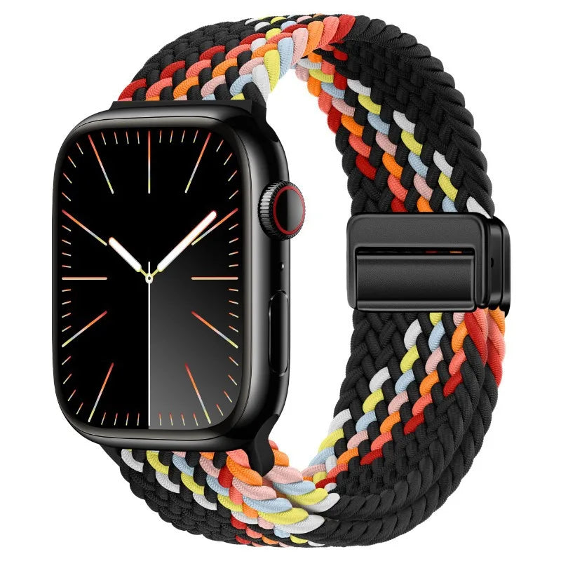 Bracelet Apple Watch en nylon tressé à fermoir magnétique, coloris noir arc-en-ciel