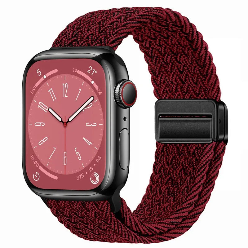 Bracelet Apple Watch en nylon tressé à fermoir magnétique, coloris bordeaux