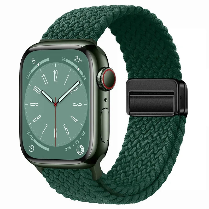Bracelet Apple Watch en nylon tressé à fermoir magnétique, coloris vert sapin