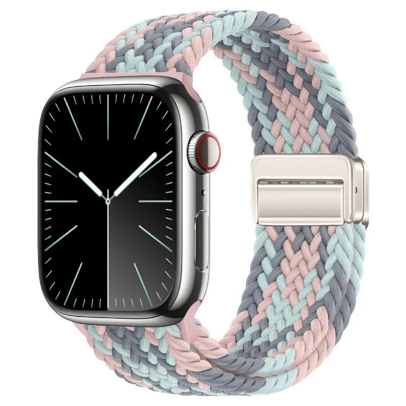 Bracelet Apple Watch en nylon tressé à fermoir magnétique, coloris rose blanc gris