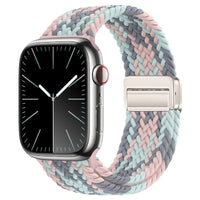 Bracelet Apple Watch en nylon tressé à fermoir magnétique, coloris rose blanc gris