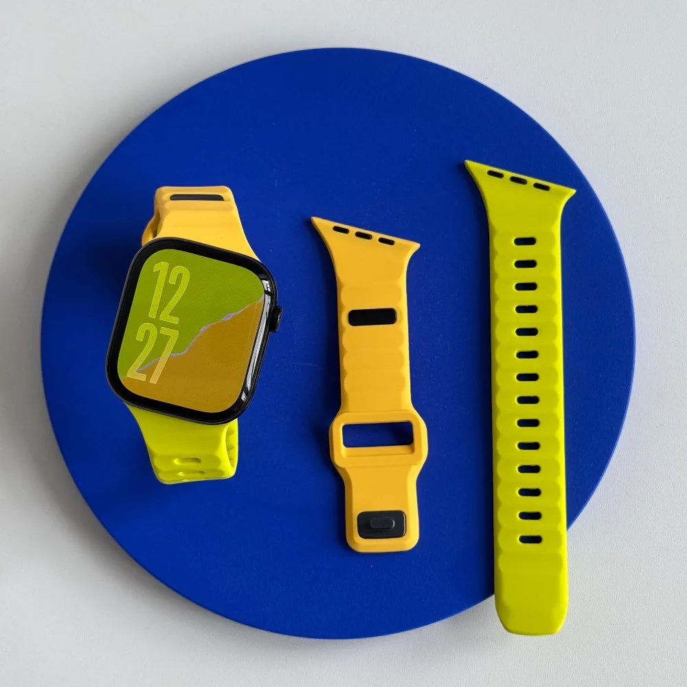 Bracelet Apple Watch sport en silicone, coloris jaune et jaune fluo