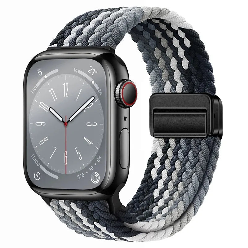 Bracelet Apple Watch en nylon tressé à fermoir magnétique, coloris noir et gris