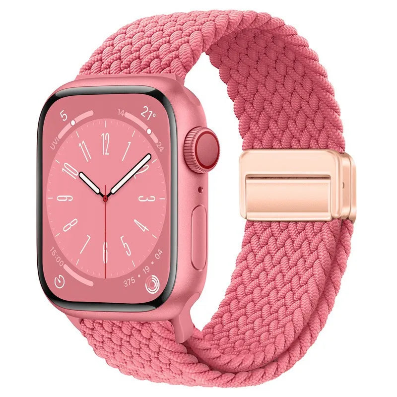 Bracelet Apple Watch en nylon tressé à fermoir magnétique, coloris rose frais