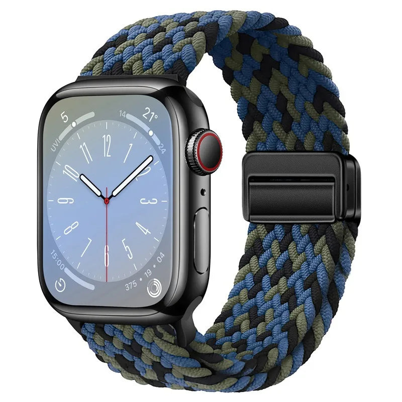 Bracelet Apple Watch en nylon tressé à fermoir magnétique, coloris camouflage bleu