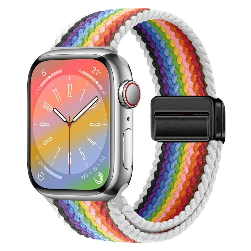 Bracelet Apple Watch en nylon tressé à fermoir magnétique, coloris arc-en-ciel bord blanc