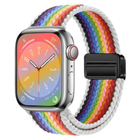 Bracelet Apple Watch en nylon tressé à fermoir magnétique, coloris arc-en-ciel bord blanc