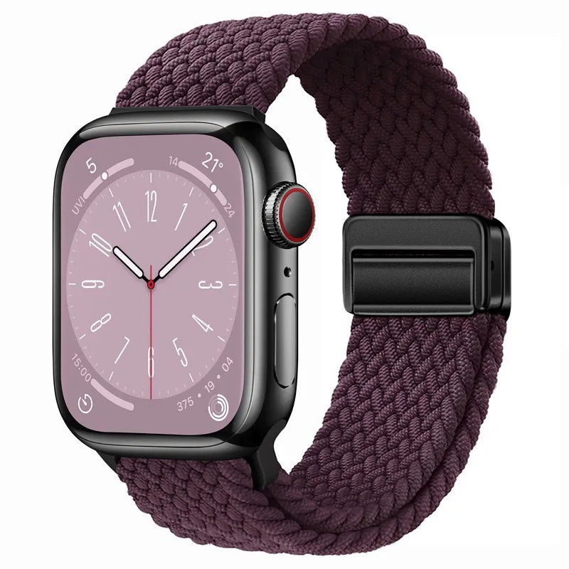 Bracelet Apple Watch en nylon tressé à fermoir magnétique, coloris prune