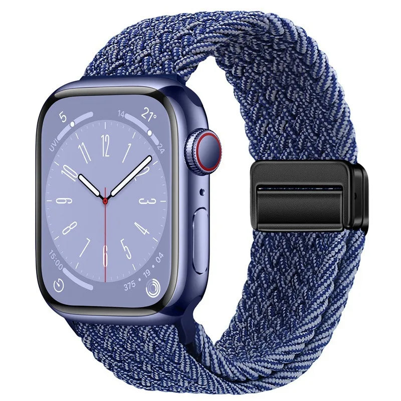 Bracelet Apple Watch en nylon tressé à fermoir magnétique, coloris bleu et blanc
