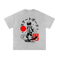 T-shirt oversized skateur manga en gris clair délavé - soleil rouge et kanjis japonais