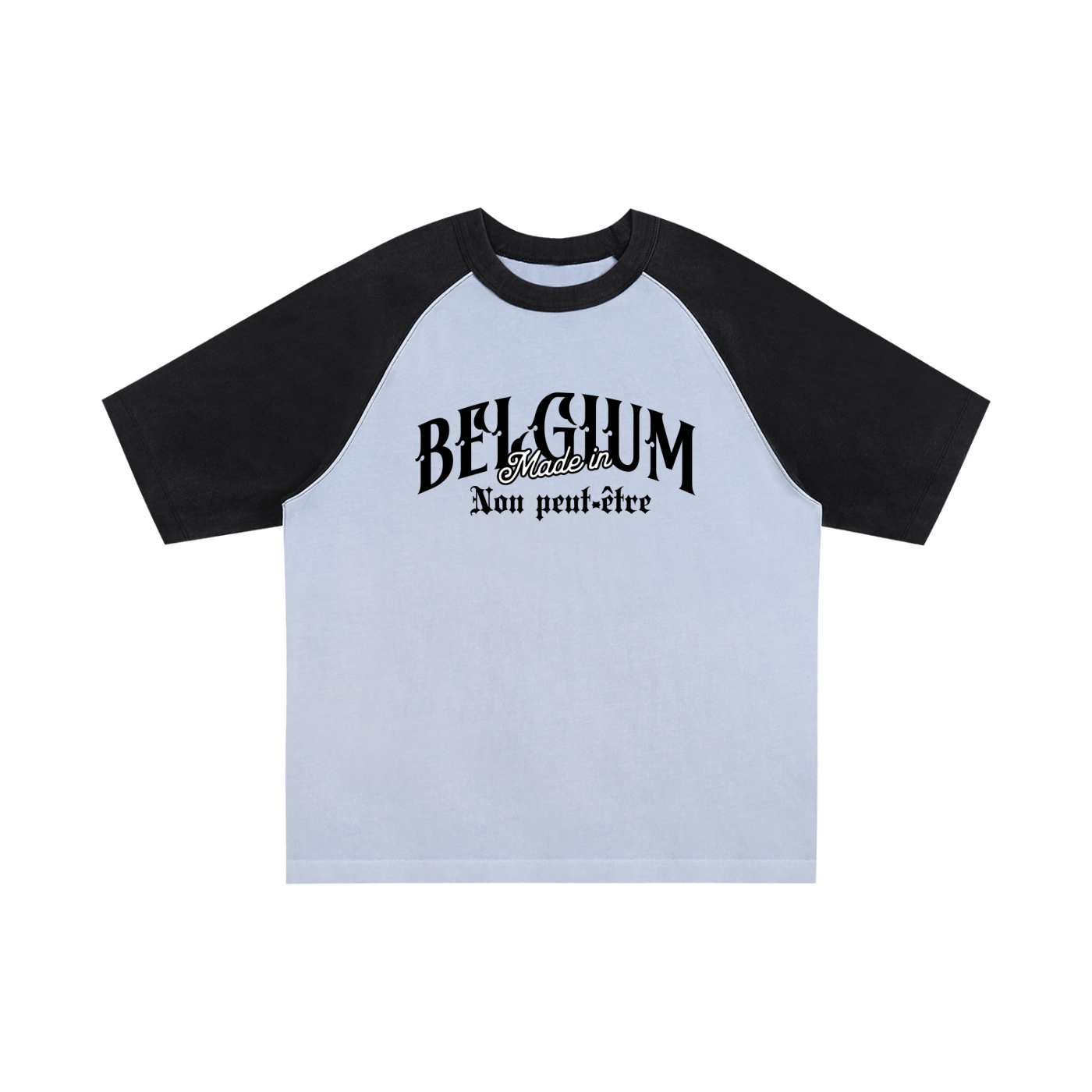 T-shirt belge raglan Made in Belgium coloris Bleu à bras noirs, imprimé Non peut-être sur le devant