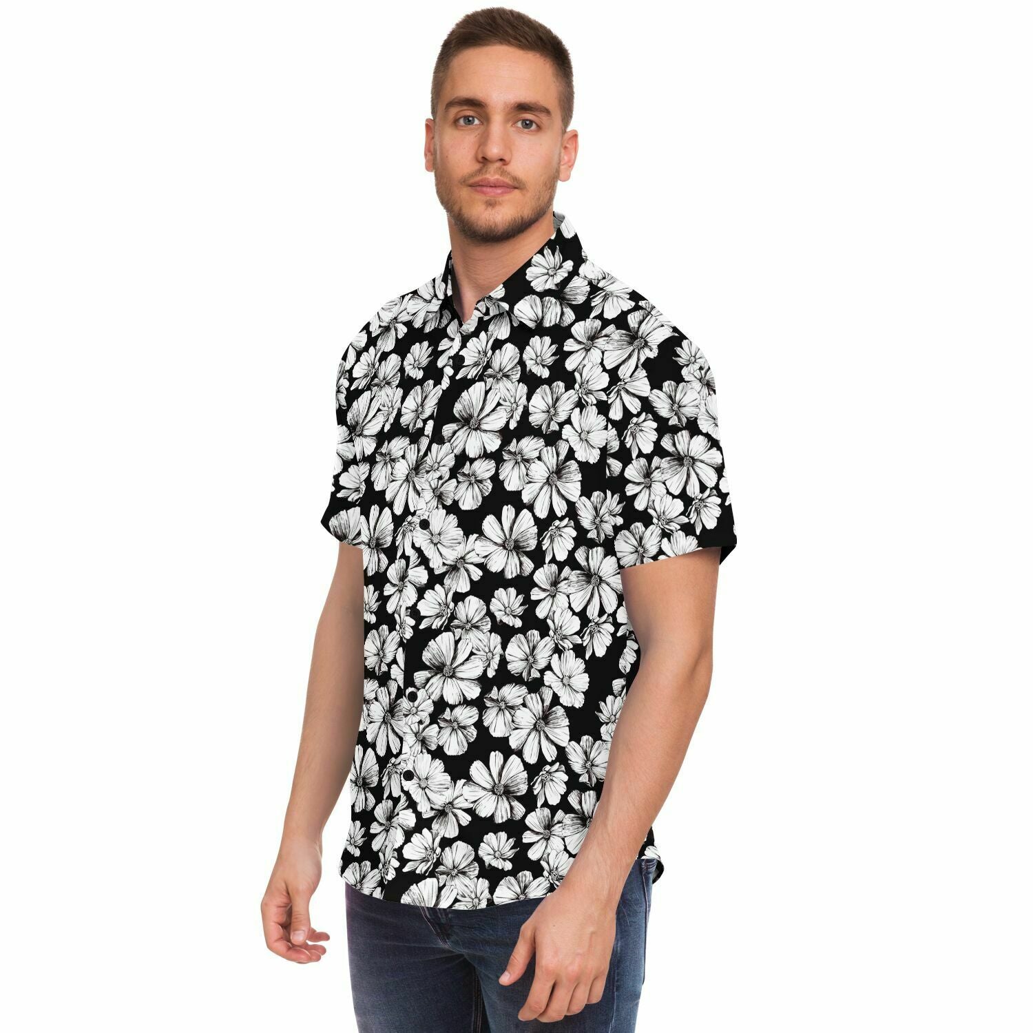 CHEMISE HOMME originale fleurs blanches sur fond noir - MANCHES COURTES