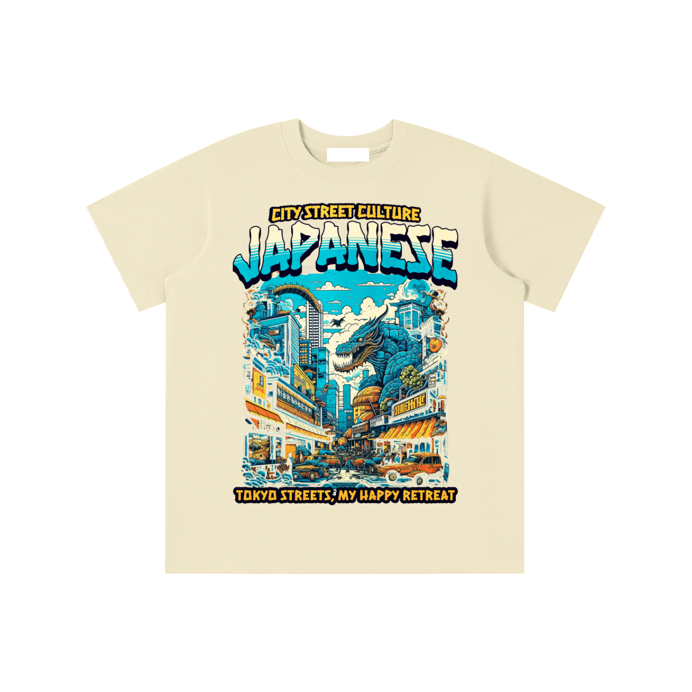 T-shirt oversized enfant Japanese en abricot clair - imprimé rue de Tokyo illustrée en couleurs